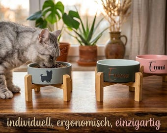 Elevated pet bowl | 400ml | Ergonomic | Food bowl | Personalized | Cat | Bamboo holder | Feeding station | Non-slip | Gift idea