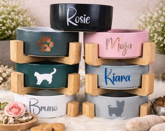 Pet bowl | 400ml | 1800ml | single | feeding bowl | personalized | dog | cat | bamboo holder | feeding station | non-slip | gift idea