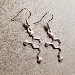May include: A pair of silver earrings shaped like a chemical structure. The earrings are hanging from silver hooks.