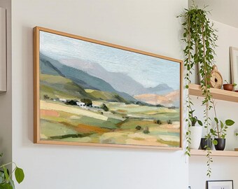 Frame TV Landscape Art, Soft Green Countryside Painting