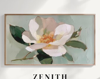 Calm Floral Frame TV Art, Sage Green Botanical Impasto for Serene Interiors
