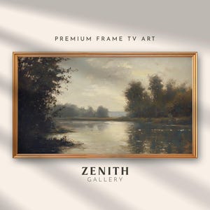 Frame TV Art Vintage Landscape Painting, Moody Rustic Lake Artwork for Samsung Frame, Digital Download