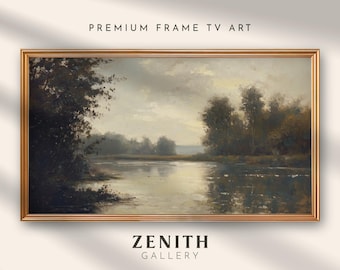 Frame TV Art Vintage Landscape Painting, Moody Rustic Lake Artwork for Samsung Frame, Digital Download