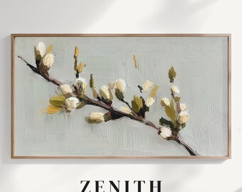 Spring Branch Frame TV Art, Soft Neutral Botanical Impasto Painting