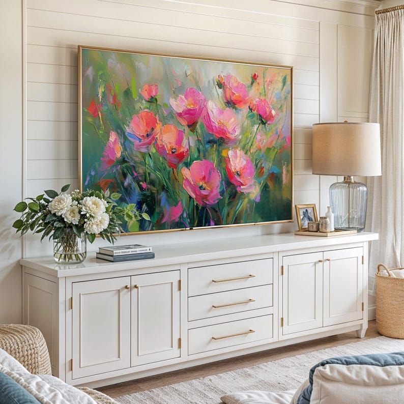 Samsung Frame TV displaying the spring wildflowers art, seamlessly blending digital artwork with home decor, creating a stunning centerpiece that enhances the aesthetic of any room.