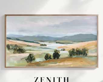 Muted Pastel Landscape Frame TV Art, Impressionist Field Oil Painting, Soft Green Mountain Wallpaper for Samsung TV, Digital Download