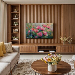 Stylish living room featuring a Frame TV with spring wildflowers artwork, surrounded by minimalist furniture and natural elements, showcasing how the art complements modern home decor.
