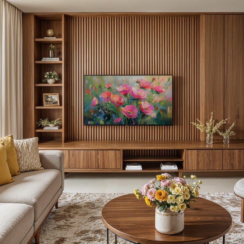 Stylish living room featuring a Frame TV with spring wildflowers artwork, surrounded by minimalist furniture and natural elements, showcasing how the art complements modern home decor.