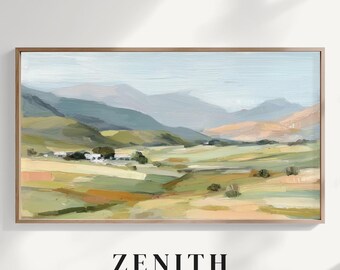 Calm Landscape Frame TV Art, Neutral Green Oil Painting for Modern Interiors