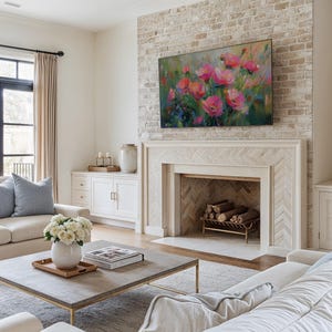 Close-up view of the textured flowers in the spring wildflowers frame TV art, highlighting the intricate brush strokes and vibrant colors that create a lively and dynamic appearance.