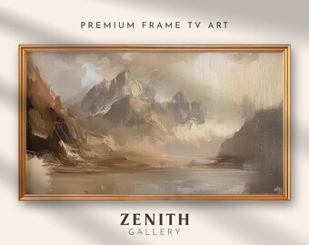Frame TV Art Mountains Neutral Abstract TV Art Moody Oil Painting Rustic Screensaver