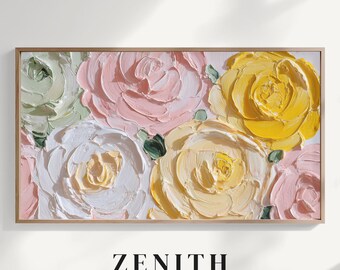 Spring Peony Samsung Frame TV Art, Impasto Floral Painting, 4K Pastel Flower Wallpaper, Aesthetic Textured Nature Decor