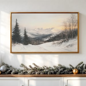 Frame TV art winter snowy landscape, Frosty mountain holiday screensaver for frame TV, Samsung Frame Winter Decor