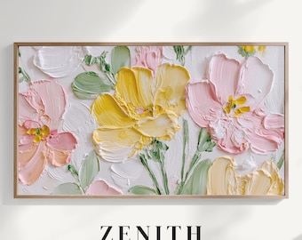 Samsung Frame TV Art Spring Flowers, Pink and Yellow Impasto Oil Painting, Textured Pastel Floral 4K Digital Art for TV