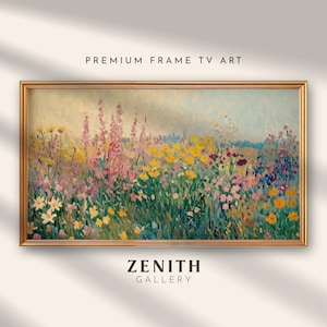 May include: A framed painting of a field of wildflowers in shades of pink, yellow, and white. The painting is done in a loose, impressionistic style, with visible brushstrokes. The background is a soft blue sky.
