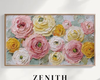 Spring Frame TV Art Wildflower Oil Painting, Colorful Textured Floral Background for Samsung TV, Pink and Yellow Impasto Art