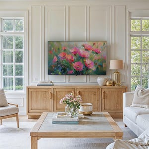 Samsung Frame TV displaying the spring wildflowers art, seamlessly blending digital artwork with home decor, creating a stunning centerpiece that enhances the aesthetic of any room.