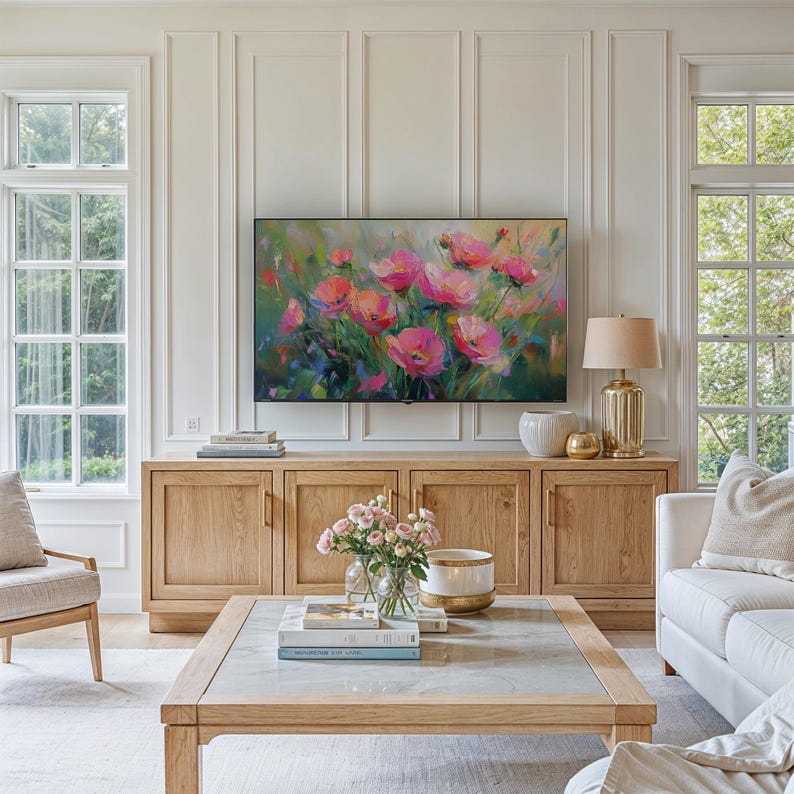 Samsung Frame TV displaying the spring wildflowers art, seamlessly blending digital artwork with home decor, creating a stunning centerpiece that enhances the aesthetic of any room.