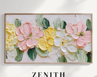 Spring Floral Frame TV Art, Pastel Flowers Painting, Soft Pink Yellow White Wall Decor Digital Download