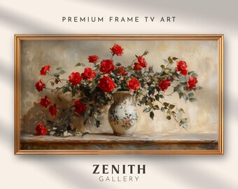 Vintage Floral Frame TV Art Red Rose Painting Romantic Flowers TV Background Still Life Artwork French Country Decor Digital Download