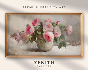 Pink Roses Frame TV Art Neutral Abstract Painting for Samsung TV Art Floral Artwork for Valentines Day Digital Download