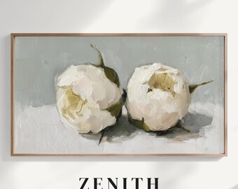 White Peony Frame TV Art, Elegant Neutral Floral Painting
