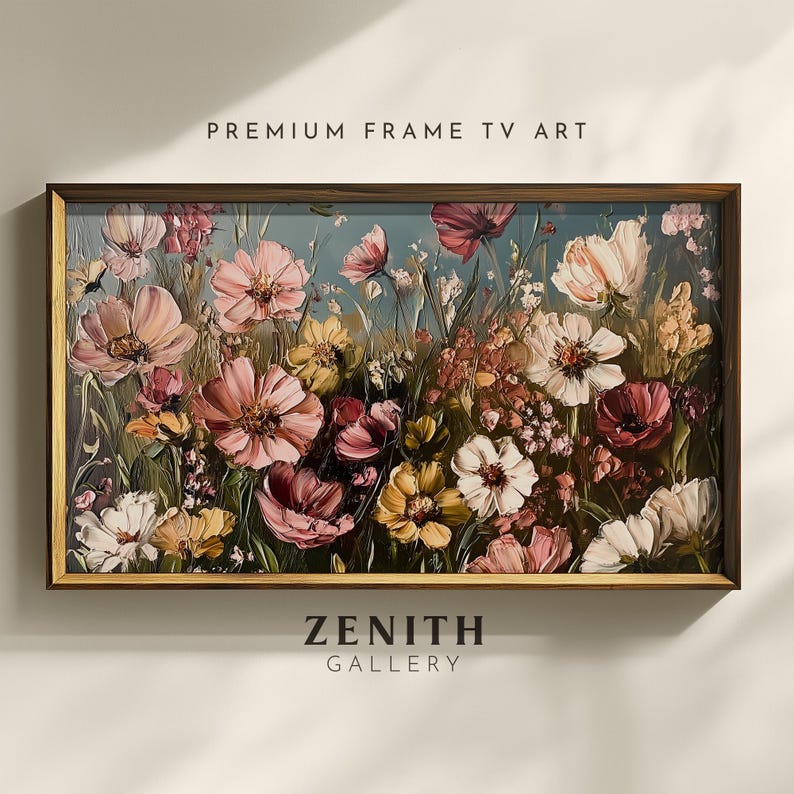 May include: A framed painting depicting a floral arrangement featuring pink, white and yellow flowers. The flowers are painted in a realistic style and are set against a blue background. The frame is made of dark wood.