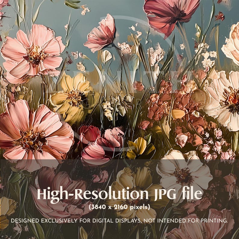 May include: A digital painting depicting a field of pink, white, and yellow flowers. The flowers are painted in a thick, textured style, with a soft blue background.