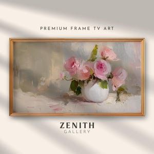 Pink Roses Valentines Day Samsung Frame TV Art Modern Botanical Flowers Oil Painting Floral Farmhouse Decor Downloadable TV Art Artwork