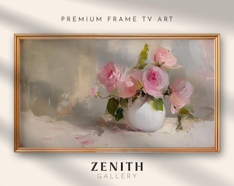 Pink Roses Valentines Day Samsung Frame TV Art Modern Botanical Flowers Oil Painting Floral Farmhouse Decor Downloadable TV Art Artwork