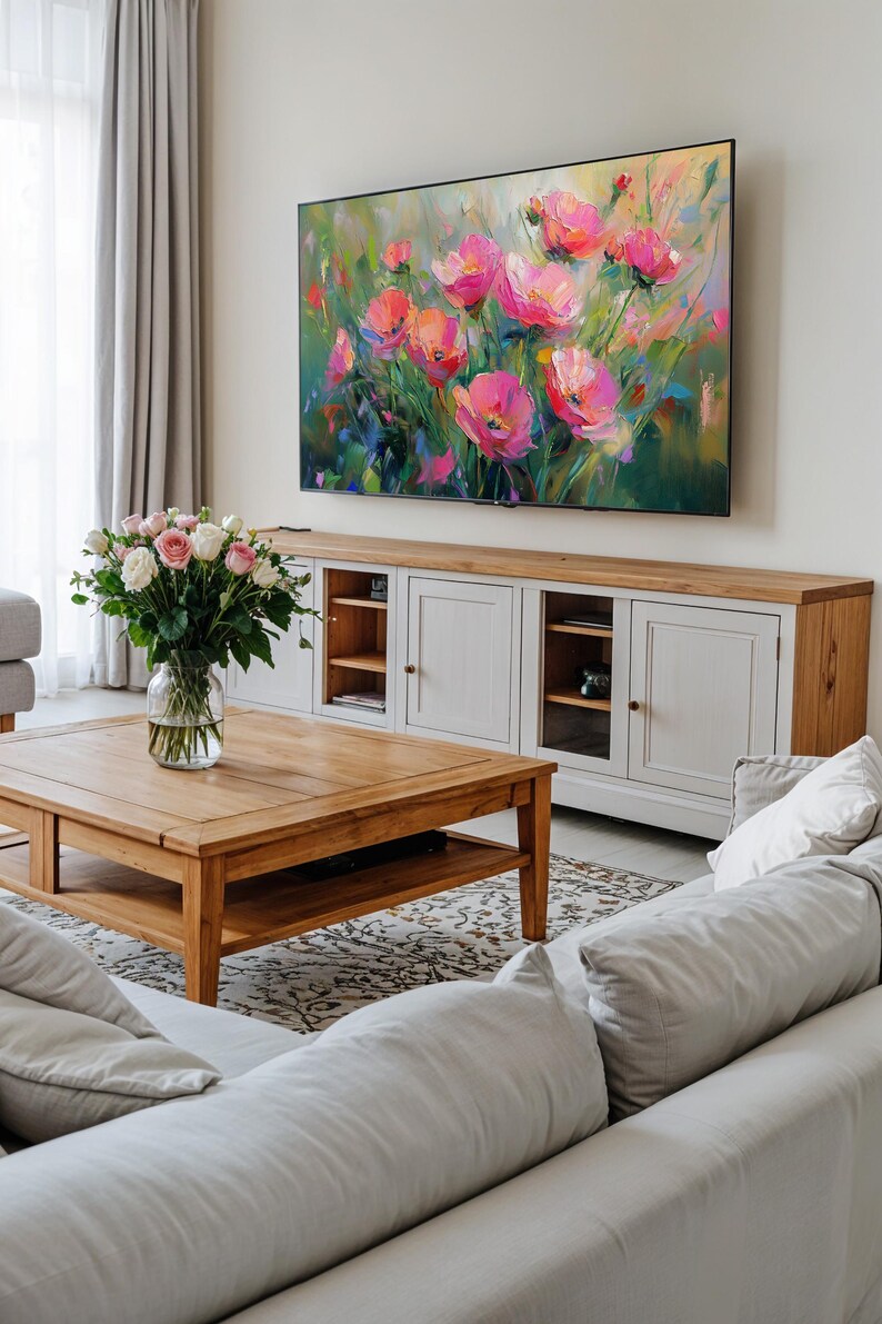 Samsung Frame TV displaying the spring wildflowers art, seamlessly blending digital artwork with home decor, creating a stunning centerpiece that enhances the aesthetic of any room.