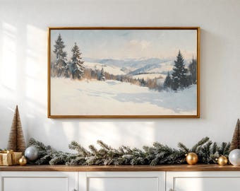 Frame TV Art Winter Landscape Painting, Christmas Snowy Mountain Scene for Samsung Frame TV, Cozy Holiday Decor