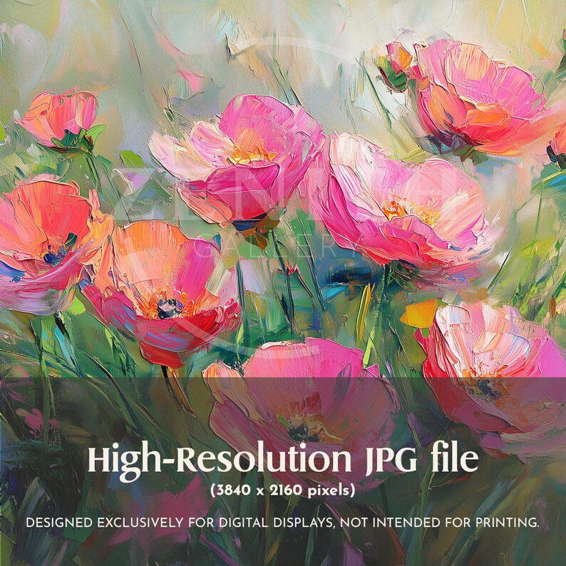 May include: A painting of pink and orange flowers with green leaves. The flowers are painted in a loose, impressionistic style. The background is a soft, blurred green.