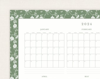 2024 Wall Calendar Printable | A1 Portrait Yearly View | Instant Download | Toile De Jouy Elegant Border Floral Design Grandmillennial Style
