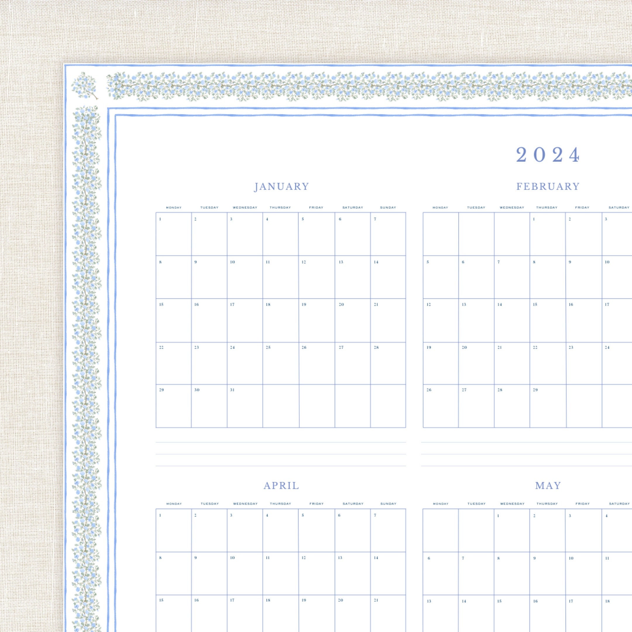 2024 Wall Calendar Printable | A1 Portrait Yearly View | Instant ...