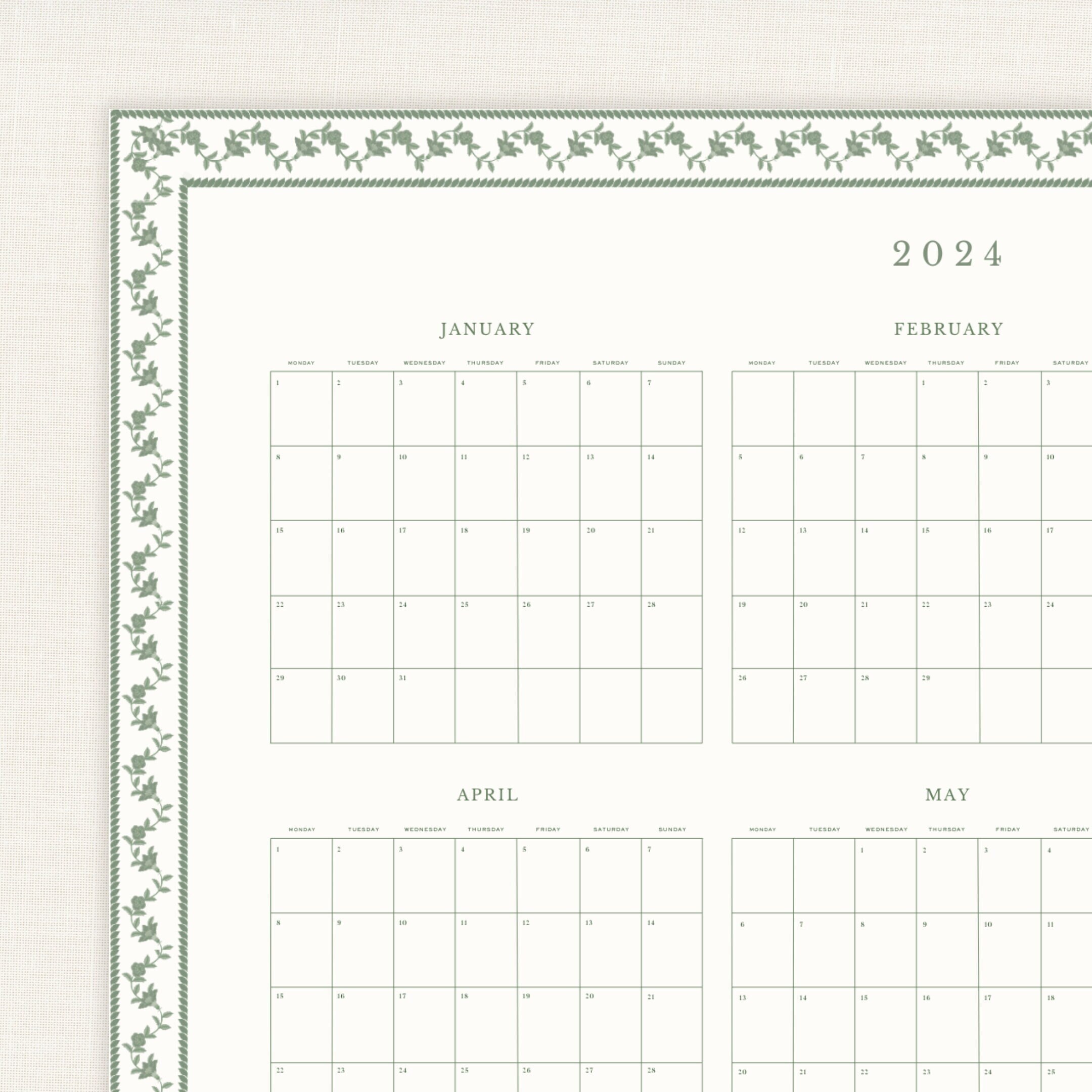 2024 Wall Calendar Printable | A1 Portrait Yearly Calendar | Printable ...