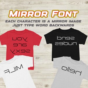 Pode incluir: Três camisetas com um design de fonte espelhada. A camiseta vermelha tem as palavras "lov", "976" e "WICE" impressas nela. A camiseta preta tem as palavras "bnga" e "agbun" impressas nela. A camiseta cinza tem a palavra "allen" impressa nela.