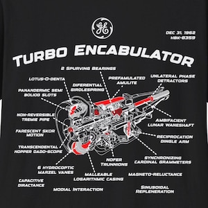 May include: A black graphic print featuring a technical diagram of a Turbo Encabulator. The design includes white lines, red accents, and labels such as 2 Spurving Bearings, Prefamulated Amulite, and Unilateral Phase Detractors, dated Dec 31, 1962.