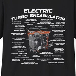 May include: A black t-shirt featuring a technical diagram of an Electric Turbo Encabulator. The graphic includes a central mechanical component with orange accents, surrounded by numerous labels pointing to parts like the hydrocoptic marzel vanes.