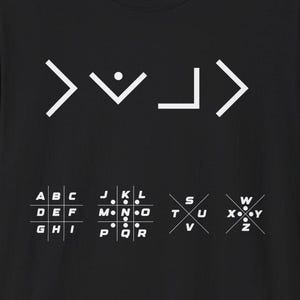 May include: Black t-shirt featuring a white graphic of three arrows pointing in different directions. Below the arrows is a grid of letters with dots and lines, representing a code.