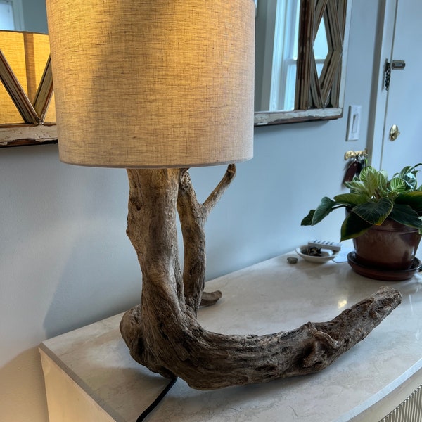 Driftwood Table Lamp with Black Cord 23.5” with lampshade 19" wide 16” deep