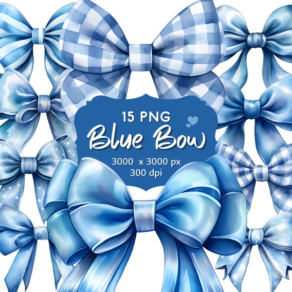 Watercolor Blue Bow Clipart - 15 Transparent PNG, Digital Downloads, Commercial use, Scrapbooks, Digital Planners, Junk Journal, Paper Craft