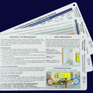 May include: A yellow and black laminated card with a guide for troubleshooting air conditioning systems. The card includes instructions for subcooling and delta T measurements. The card also includes a diagram of a subcooling example with a yellow gauge and a red gauge.