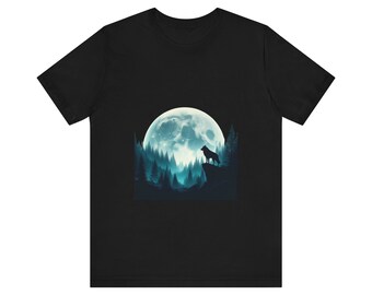 Camiseta de manga corta de Jersey unisex, camisa de lobo, camisa amante del lobo, camisa de la luna del lobo, camisa de las montañas del lobo, camisa de camping del lobo, regalo