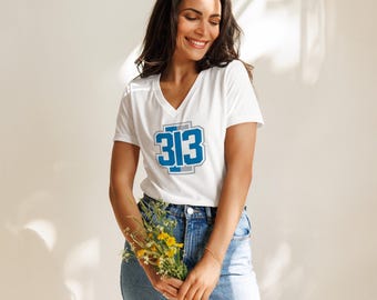 313 Detroit Lions V-Neck T-Shirt | Women's Football Apparel | Michigan Pride