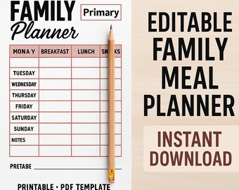 Editable and Downloadable Family Meal Planner/Tracker