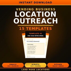 以下が含まれることがあります： 「VENDING BUSINESS LOCATION OUTREACH」と「15 TEMPLATES」というテキストが入ったオレンジと黒のグラフィック。画像には、サンプルメールテンプレートと、メール、スクリプト、ピッチのラベルが含まれています。