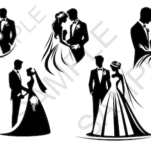 Puede incluir: Cinco ilustraciones en silueta en blanco y negro de parejas de bodas. Cada pareja se enfrenta y se toma de la mano. La novia lleva un vestido de novia y un velo, y el novio lleva un traje y una corbata.