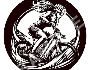 Female MTB Rider, woman mountain bike Logo / Badge. Add your own text, digital download, Vector (SVG) Transparent PNG