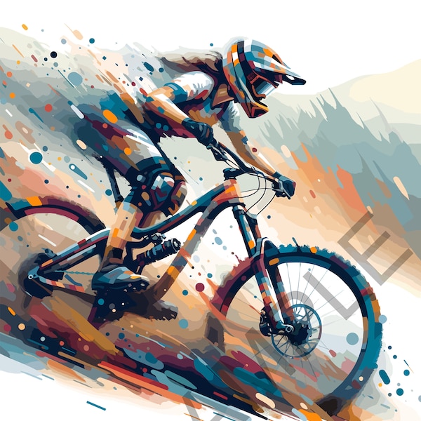 Female MTB rider, abstract image of a woman riding a mountain bike downhill, image created from a vector illustration. Digital download.